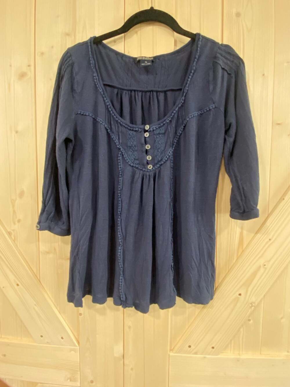 Lucky Brand Navy Blue Peasant Blouse Top with Embroidery and Buttons XL